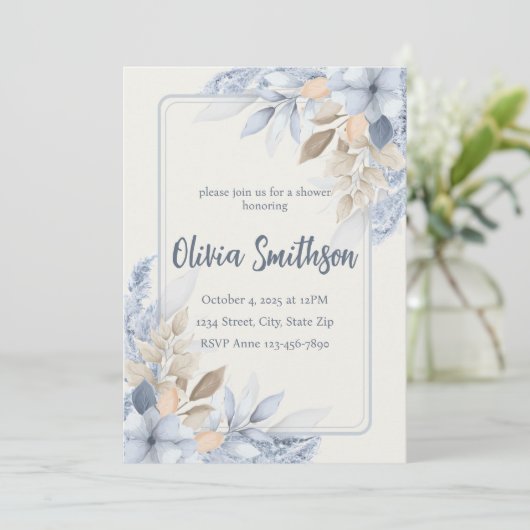 Boho Blue Floral Pampas Grass Uitnodiging (Staand voorkant)