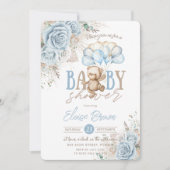 Boho Blue Floral Pampas Teddy Bear Boy Baby shower Kaart (Voorkant)