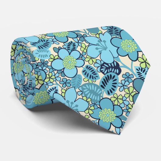 Boho Blue FLoral Retro Motif Cravate (Roulé)