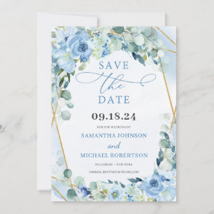 Boho Blue Floral Rozen en Gold Geometric Save The Date