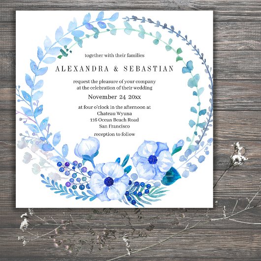 Boho Blue Floral Russe Faire-part de mariage