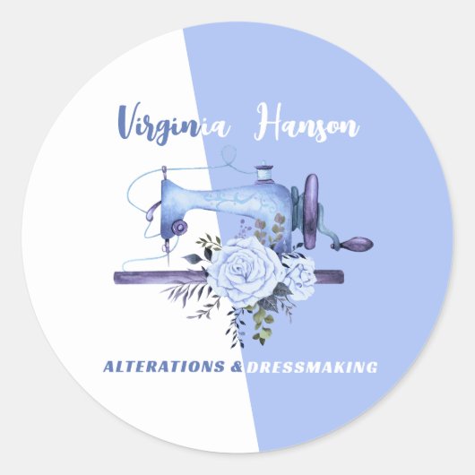 Boho Blue Floral Seamstress Naaimachine Tailor Ronde Sticker (Voorkant)