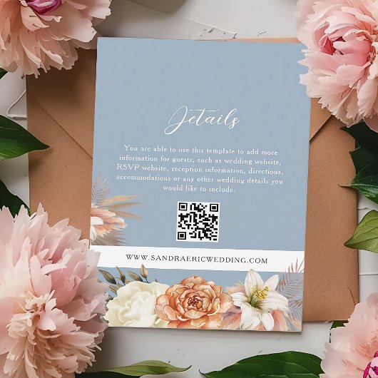 Boho Blue Floral Wedding QR Details Kaart
