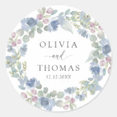 Boho Blue Floral Wreath Wedding Ronde Sticker (Voorkant)