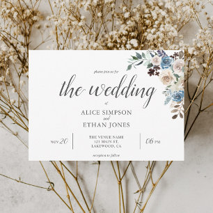 Boho Blue Flowers Dried Leaves Wedding Invitation Kaart