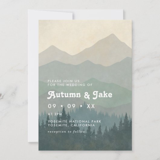 Boho Blue Forest Mountains Retro Wedding  Kaart (Voorkant)