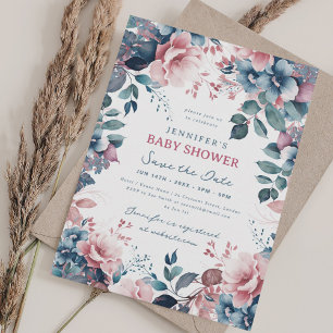 Boho Blue Garden Floral Baby Shower Save Date Kaart