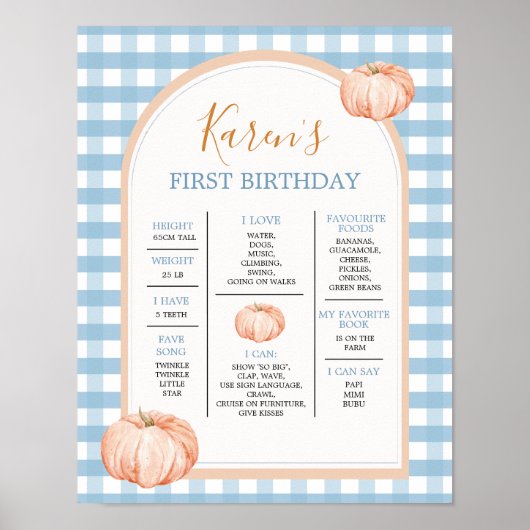 Boho Blue Gingham 1st Year Fact Sign Verjaardag Poster (Voorkant)