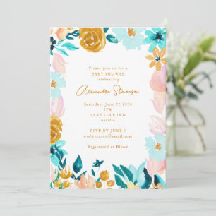 Boho Blue Gold Floral Lijst Border Baby shower Kaart