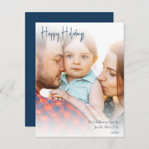 Boho Blue Handgeschreven script Full Photo Happy Feestdagenkaart