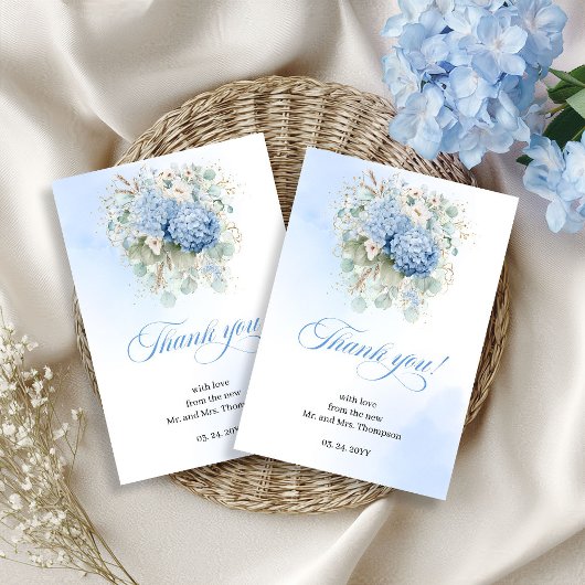 Boho Blue Hydrangeas Eucalyptus Wedding thank you  Bedankkaart