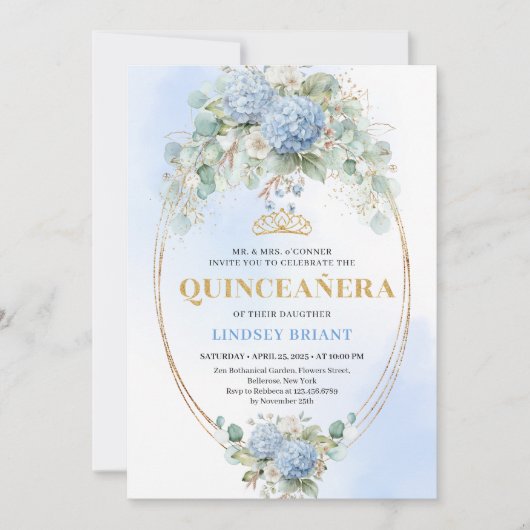 Boho Blue Hydrangeas Gold Quinceañera Invitation (Devant)
