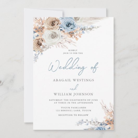 Boho Blue II: Stofblauw & Witte Bloemen Bruiloft Kaart (Voorkant)