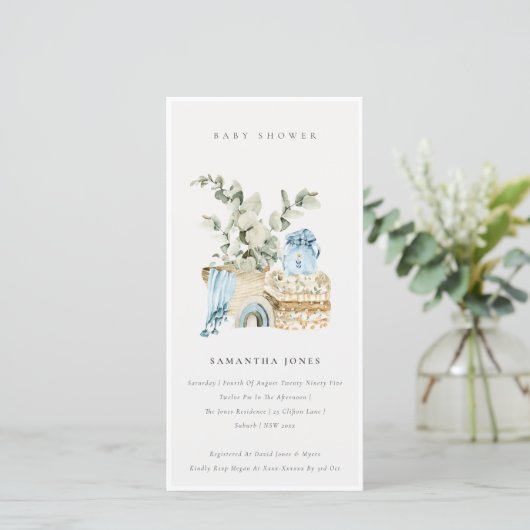 Boho Blue Nursery Foliage Boy Baby shower Invite Bedankkaart (Staand voorkant)