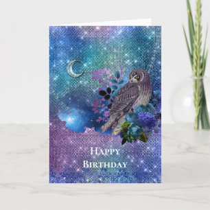 Boho Blue Paarse Owl Moon Birthday Kaart