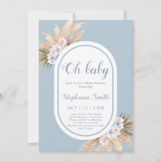 Boho Blue Pampas Grass Baby shower Boy Invitation (Devant)