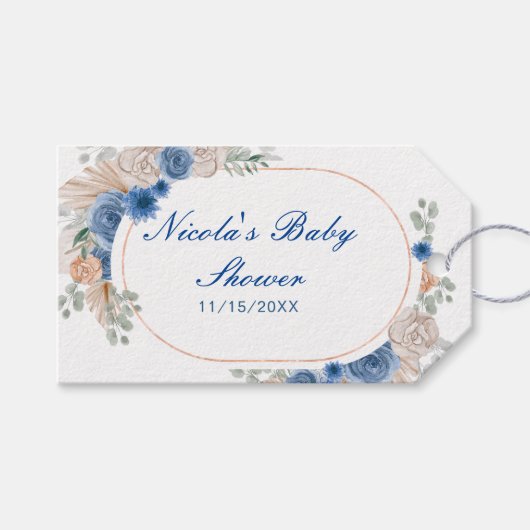Boho Blue Pampas Grass Baby shower Cadeaulabel (Voorkant (Horizontaal))