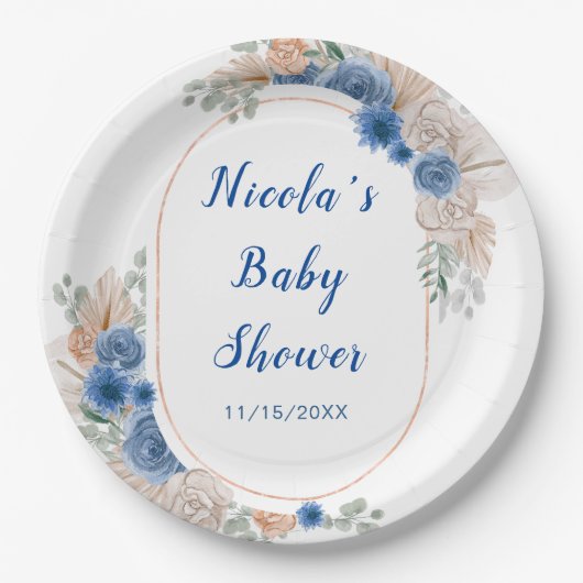 Boho Blue Pampas Grass Baby shower Papieren Bordje (Voorkant)