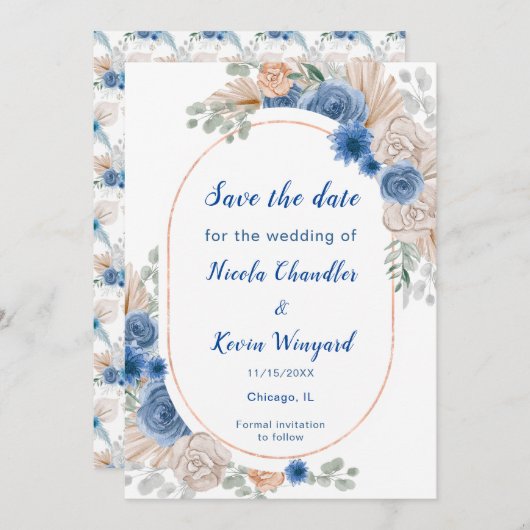 Boho Blue Pampas Grass Bewaar de datum Save The Date (Voorkant / Achterkant)