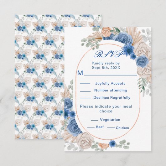Boho Blue Pampas Mariage en herbe RSVP (Devant / Derrière)