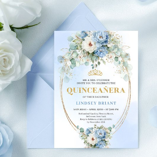 Boho Blue Peonies Quinceañera Digital Invitation Kaart