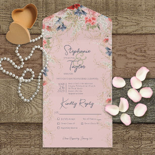 Boho Blue & Pink Floral Pink Dinner All In One Uitnodiging