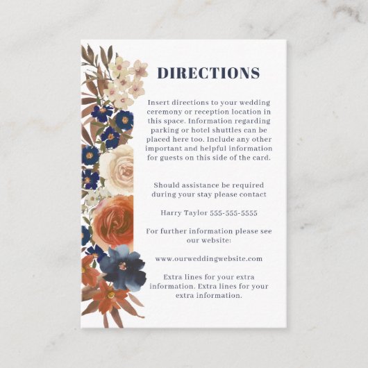Boho Blue Rust Floral Reception Directions Wedding Informatiekaartje (Voorkant)