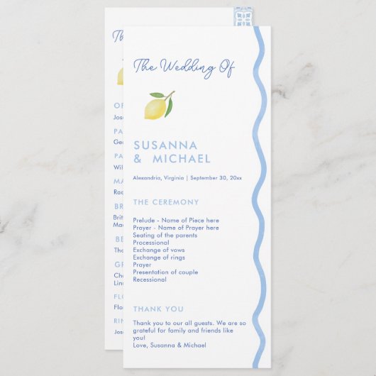 Boho Blue Squiggle Border Lemon Wedding Programma (Voorkant / Achterkant)
