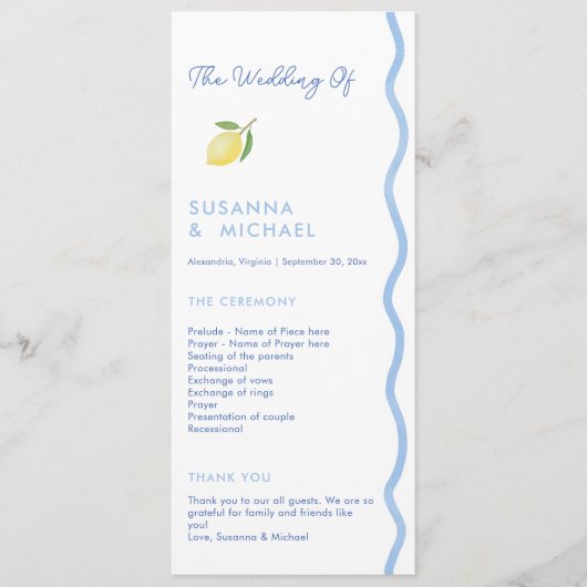 Boho Blue Squiggle Bordure Lemon Wedding Programme (Devant)