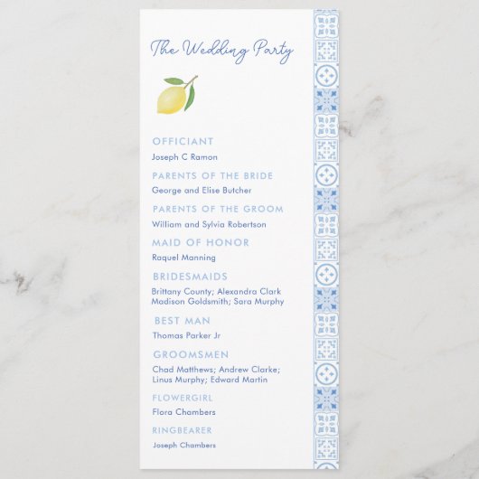 Boho Blue Squiggle Bordure Lemon Wedding Programme (Dos)