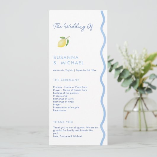 Boho Blue Squiggle Bordure Lemon Wedding Programme (Debout devant)