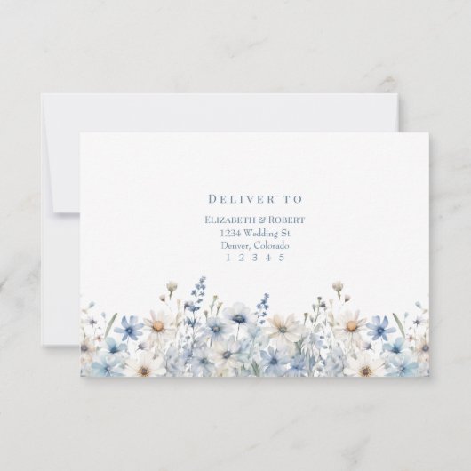 Boho Blue Watercolor Fleurs sauvages mariage carte (Dos)