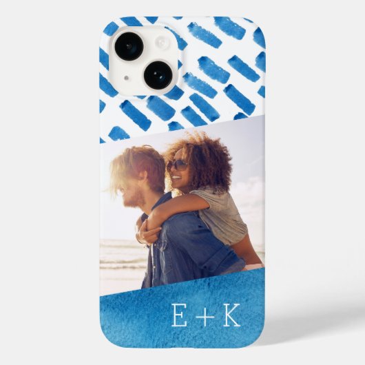 Boho Blue Waterverf Abstract | Monogrammfoonfoto Case-Mate iPhone Case (Achterkant)