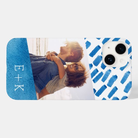 Boho Blue Waterverf Abstract | Monogrammfoonfoto Case-Mate iPhone Case (Achterkant (horizontaal))