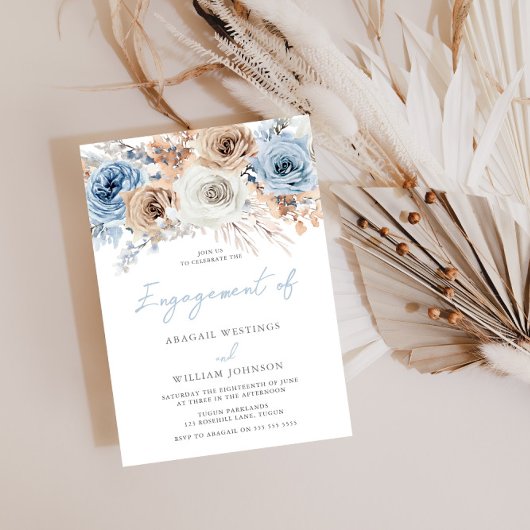Boho Blue: Waterverf Boho Floral Engagement Party Kaart