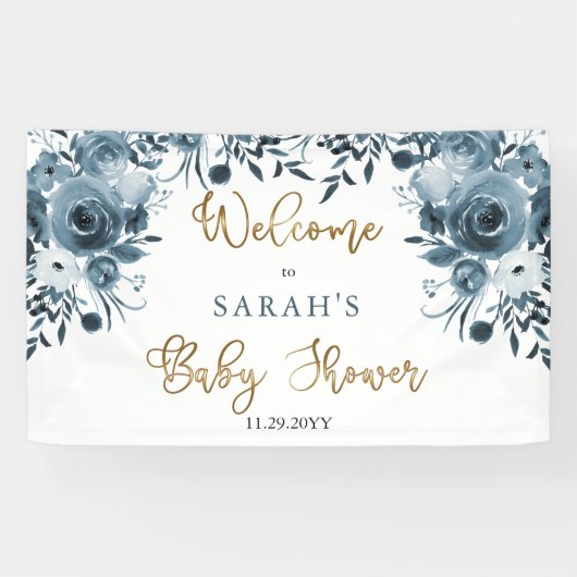 Boho Blue Waterverf Floral Baby shower Welcome Spandoek (Horizontaal)