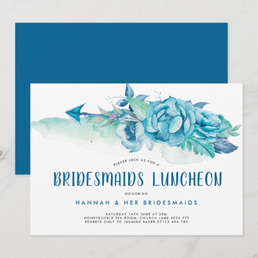 Boho Blue Waterverf Floral Bridesmaids Luncheon Kaart (Voorkant / Achterkant)