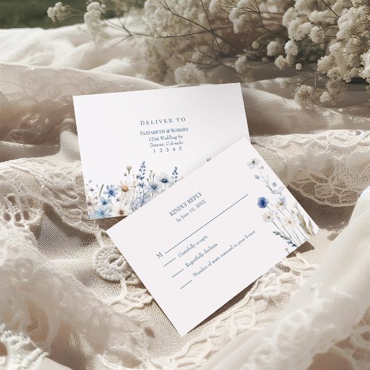 Boho Blue Waterverf Wildflowers Wedding RSVP Kaart