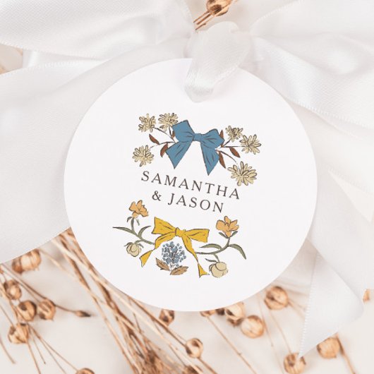 Boho Blue Yellow Bow Bloemen Huwelijksgunst Labels