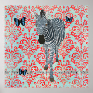 Boho Blue Zebra en Butterflies Damask Poster
