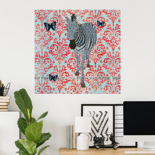 Boho Blue Zebra en Butterflies Damask Poster (Thuiskantoor)