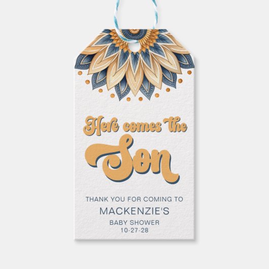 Boho Blue Zonnebloem Retro Typografie Cadeaulabel (Voorkant)