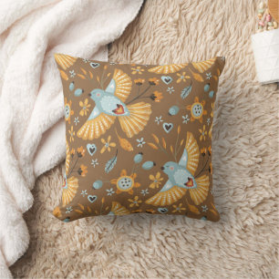 Boho Bluebird Pattern op Brown Kussen