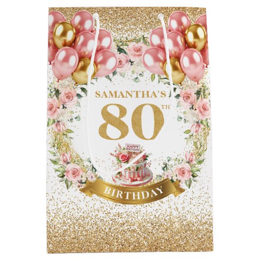 Boho Blush Bloemen 80ste verjaardag Medium Cadeauzakje (Voorkant)