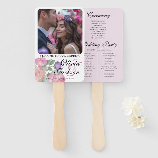 Boho Blush Bloemen Bruiloftsprogramma Handventilat Handwaaier (Voorkant en achterkant)