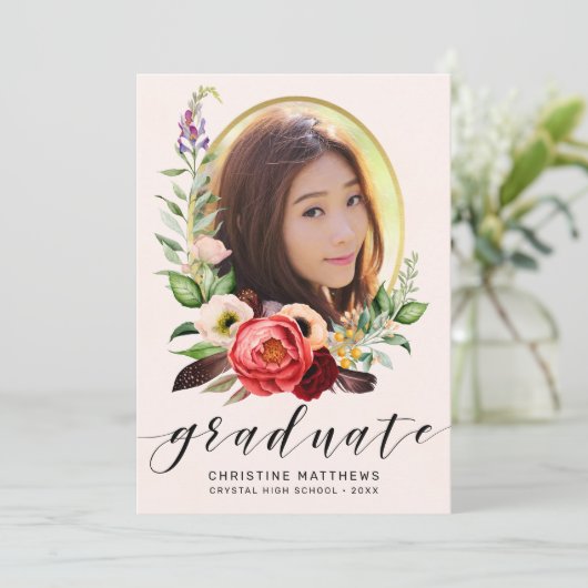 Boho Blush Bloemen Foto Zwart Script Afstuderen Aankondiging (Staand voorkant)
