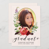 Boho Blush Bloemen Foto Zwart Script Afstuderen Aankondiging (Voorkant / Achterkant)