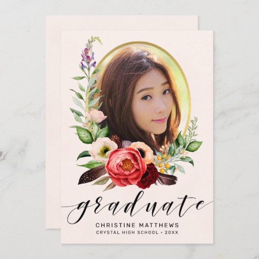 Boho Blush Bloemen Foto Zwart Script Afstuderen Aankondiging (Voorkant / Achterkant)