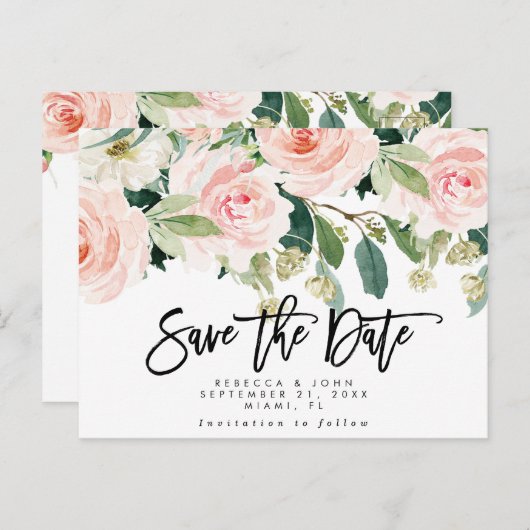 Boho Blush bloemenbruiloft Bewaar de datumkaart Aankondigingskaart (Voorkant / Achterkant)