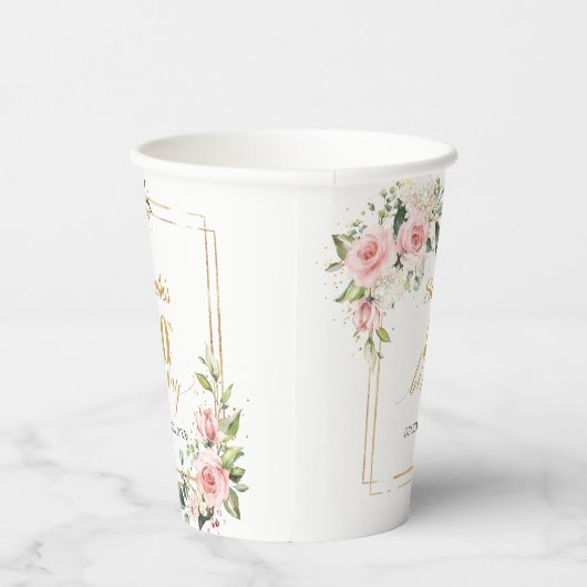 Boho blush bloemeneucalyptus goud 50e verjaardag papieren bekers (Rechts)